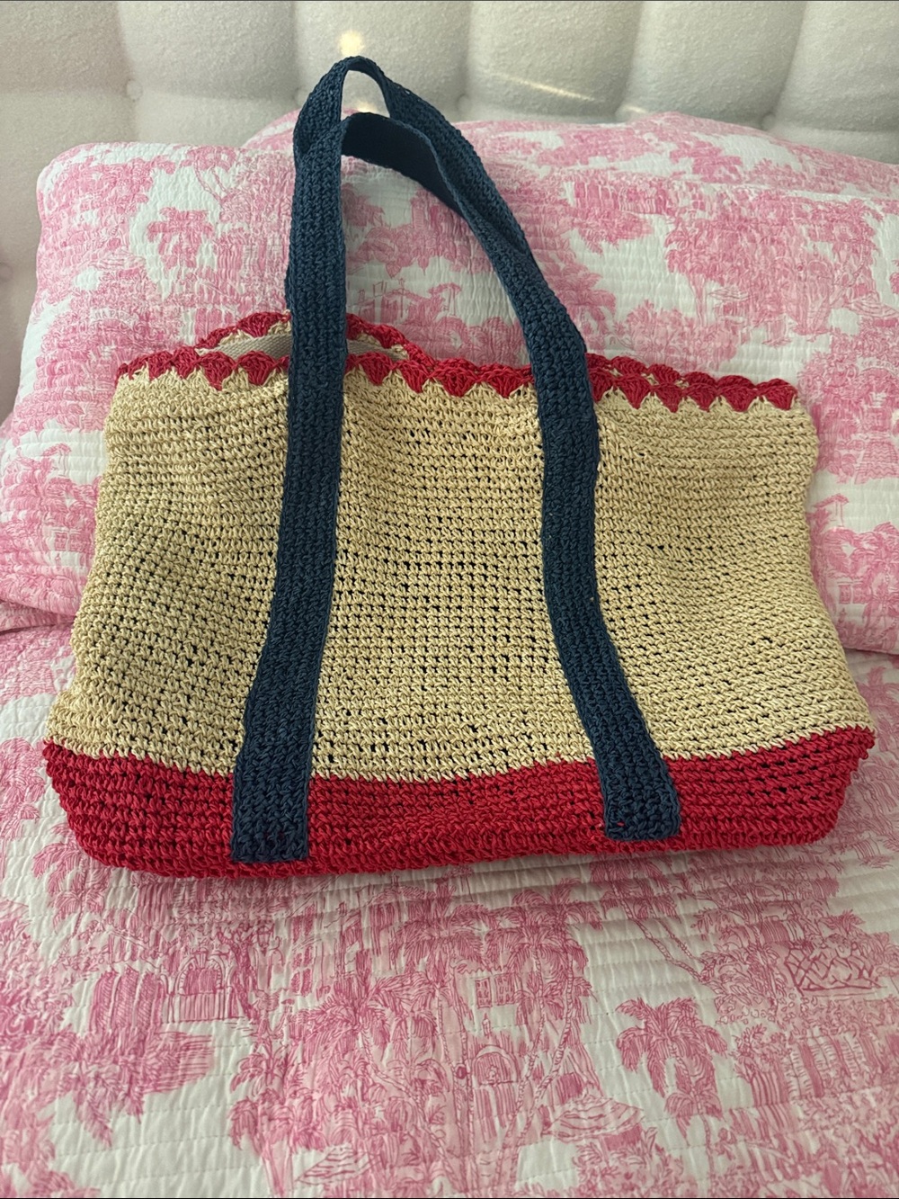 Vineyard Vines Straw Tote with Red Trim and Navy Handles